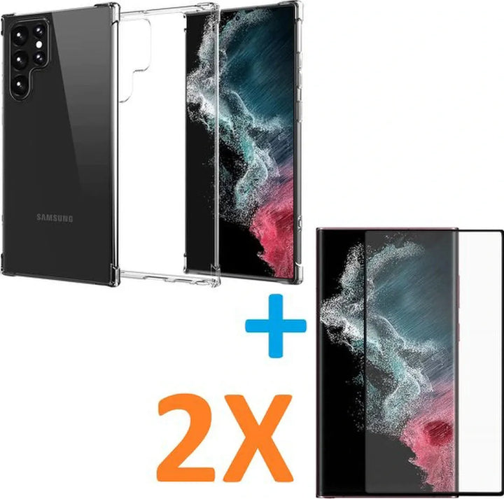 Samsung Galaxy S22 Ultra Hoesjes – Transparante Siliconen Backcover – Schokbestendig – 2x Screenprotector Gehard Glas-Ilumina Benelux