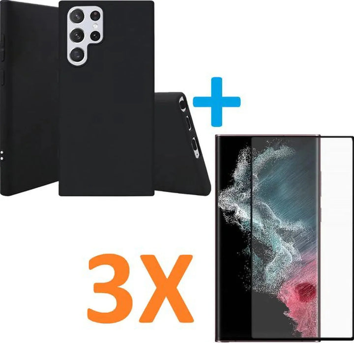Samsung Galaxy S22 Ultra Hoesjes – Siliconen Backcover – 3 Pack Screenprotector – Gehard Glas – Zwart-Ilumina Benelux