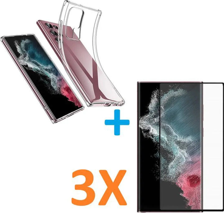 Samsung Galaxy S22 Ultra Hoesjes – Transparante Siliconen Backcover – 3 Pack Screenprotector – Gehard Glas-Ilumina Benelux