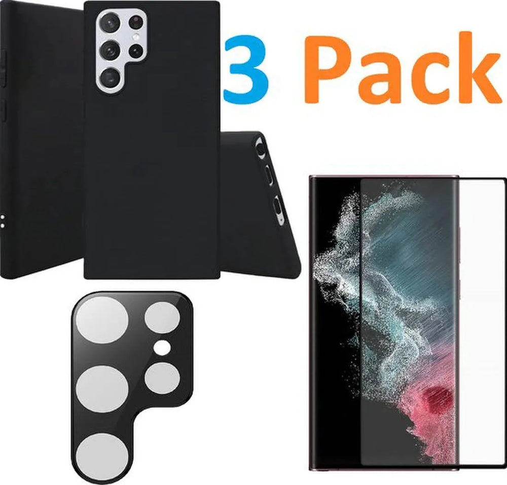 Samsung Galaxy S22 Ultra Hoesjes – Soft TPU Siliconen Backcover – Full Screenprotector – Camera Lens Protector – Zwart-Ilumina Benelux