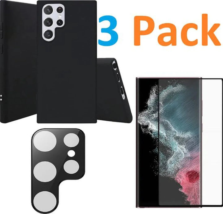 Samsung Galaxy S22 Ultra Hoesjes – Soft TPU Siliconen Backcover – Full Screenprotector – Camera Lens Protector – Zwart-Ilumina Benelux