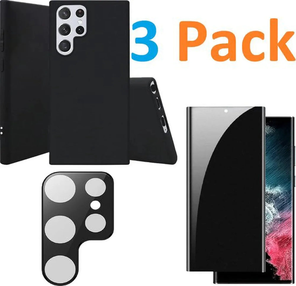 Samsung Galaxy S22 Ultra Hoesjes – Soft TPU Siliconen Backcover – Privacy Screenprotector – Camera Lens Protector – Zwart-Ilumina Benelux