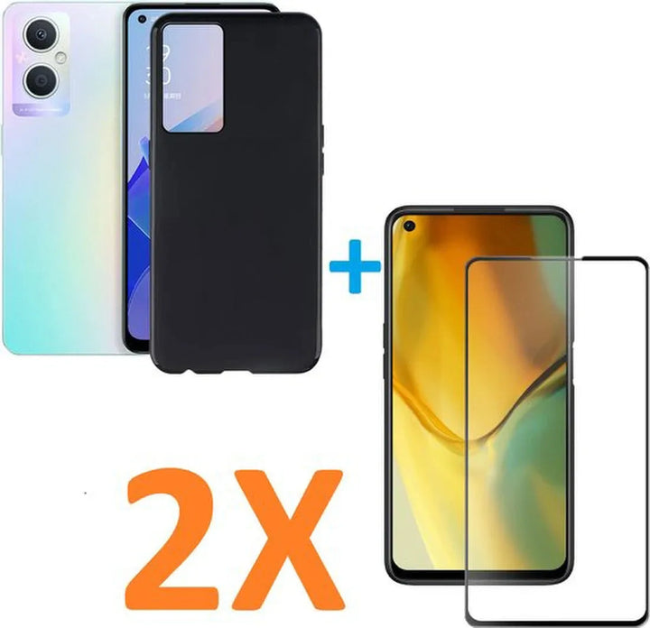 Oppo A96 Hoesjes – Soft TPU Siliconen Backcover – 2x Gehard Glas Screenprotector – Schokbestendig – Zwart-Ilumina Benelux