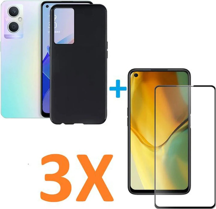 Oppo A96 Hoesjes – Soft TPU Siliconen Backcover – Schokbestendig – 3x Gehard Glas Screenprotector – Zwart-Ilumina Benelux