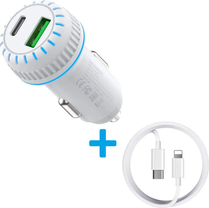 Autolader – Snellader QC 3.0 + USB-C – 2 Poorten – Geschikt voor iPhone 14/13/12/11/X/XS/XR/SE-Oplader-Ilumina Benelux