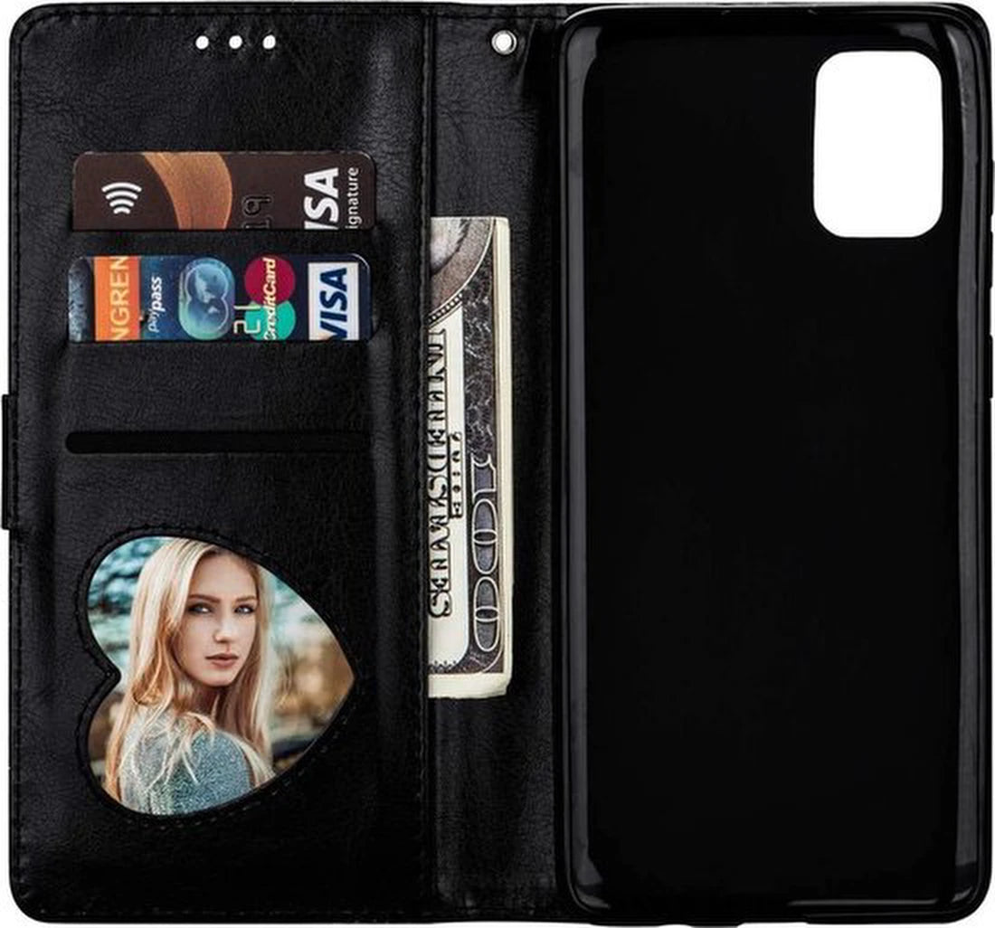 Bookcase hoesje Geschikt voor: Samsung Galaxy A51 Hoesje met Rits, Koord en Pasjeshouder - Zwart