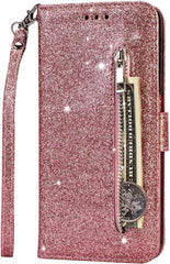 Samsung Galaxy A51 Hoesjes – Glitter Portemonneehoes met Rits – Koord – Pasjeshouder – Roségoud