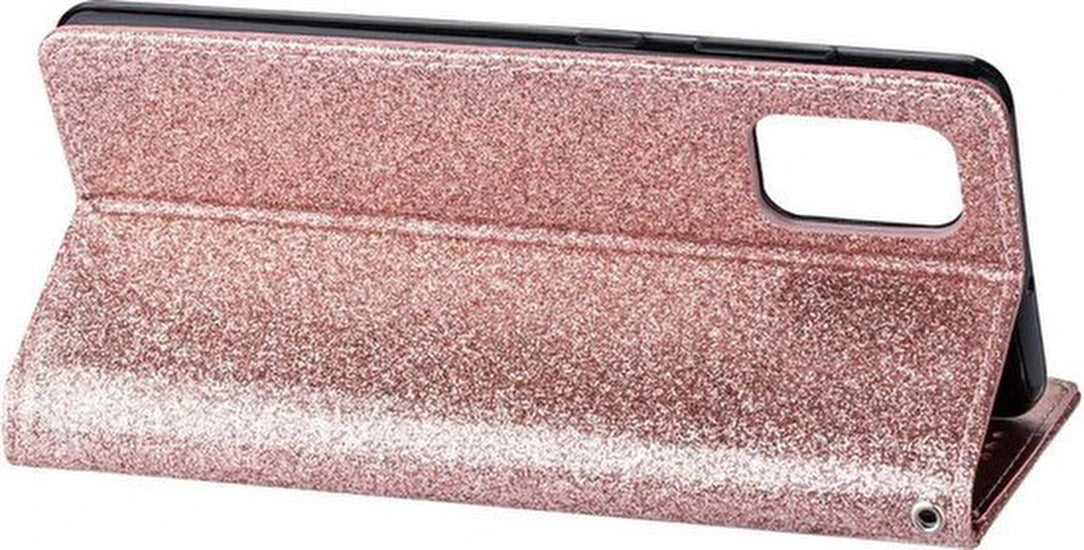 Samsung Galaxy A51 Hoesjes – Glitter Portemonneehoes met Rits – Koord – Pasjeshouder – Roségoud