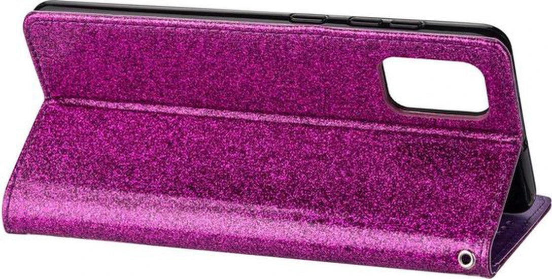 Glitter Wallet Case Geschikt voor: Samsung Galaxy A51 Hoesje met Rits, Koord en Pasjeshouder - Paars