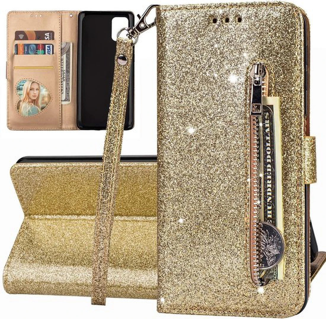 Glitter Wallet Case Geschikt voor: Samsung Galaxy A71 Hoesje met Rits, Koord en Pasjeshouder - Paars
