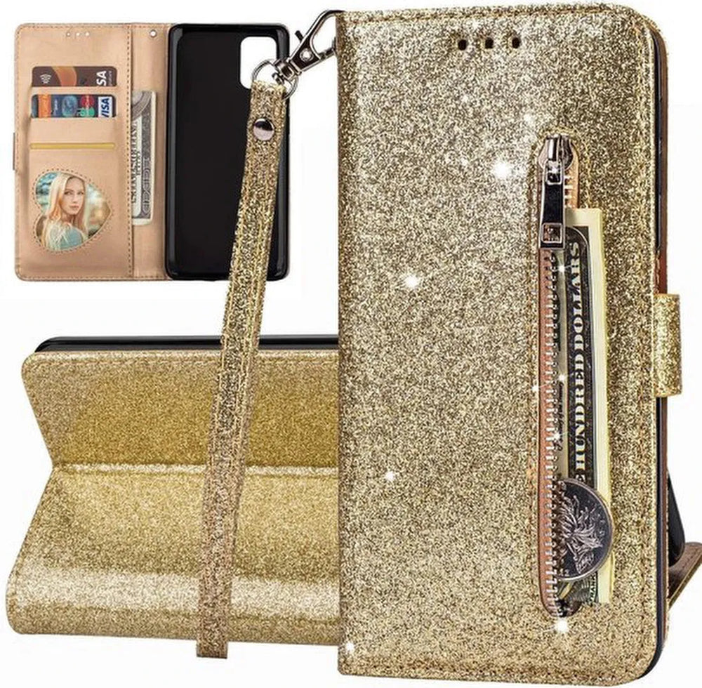 Samsung Galaxy A71 Hoesjes – Glitter Portemonnee Case – Rits & Koord – Pasjeshouder – Paars-Ilumina Benelux