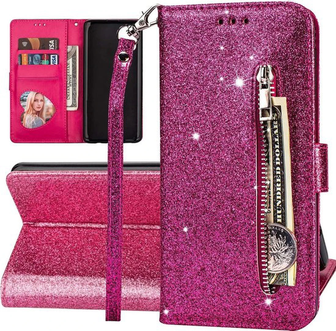 Glitter Wallet Case Geschikt voor: Samsung Galaxy A71 Hoesje met Rits, Koord en Pasjeshouder - Roze