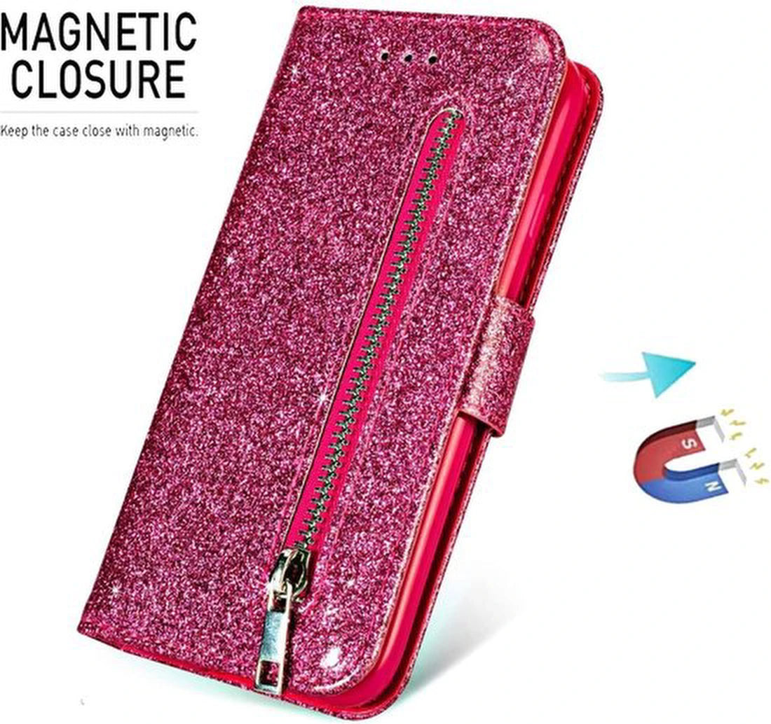 Glitter Wallet Case Geschikt voor: Samsung Galaxy A71 Hoesje met Rits, Koord en Pasjeshouder - Roze