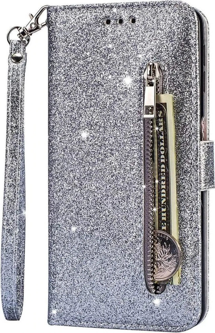 Samsung Galaxy A02s Hoesjes – Glitter Portemonneehoes – Rits & Koord – Pasjeshouder – Zilver-Ilumina Benelux