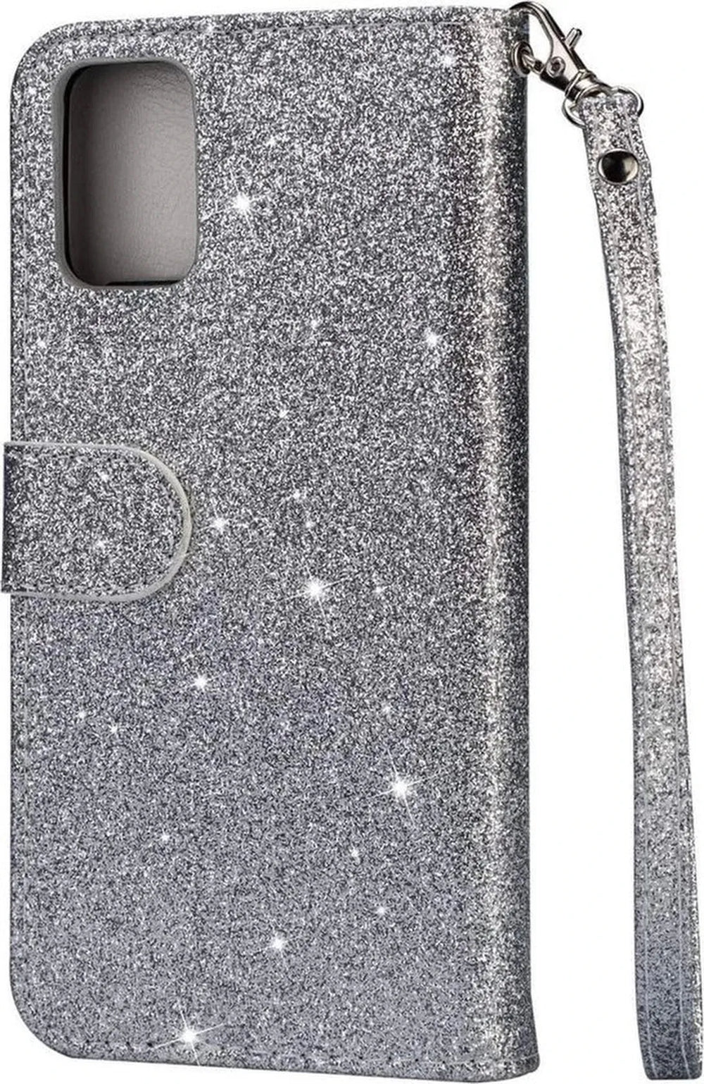 Samsung Galaxy A02s Hoesjes – Glitter Portemonneehoes – Rits & Koord – Pasjeshouder – Zilver-Ilumina Benelux