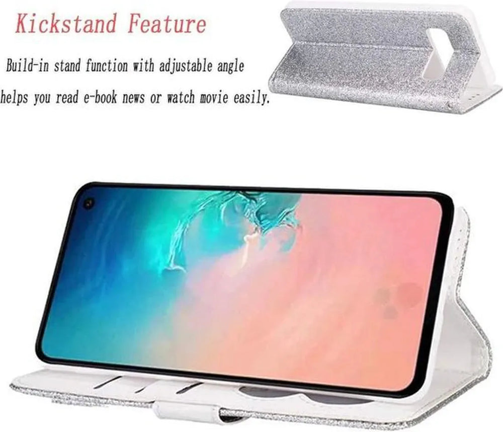 Samsung Galaxy S10 Hoesjes – Glitter Portemonnee Case met Rits – Koord – Pasjeshouder – Zilver-Ilumina Benelux