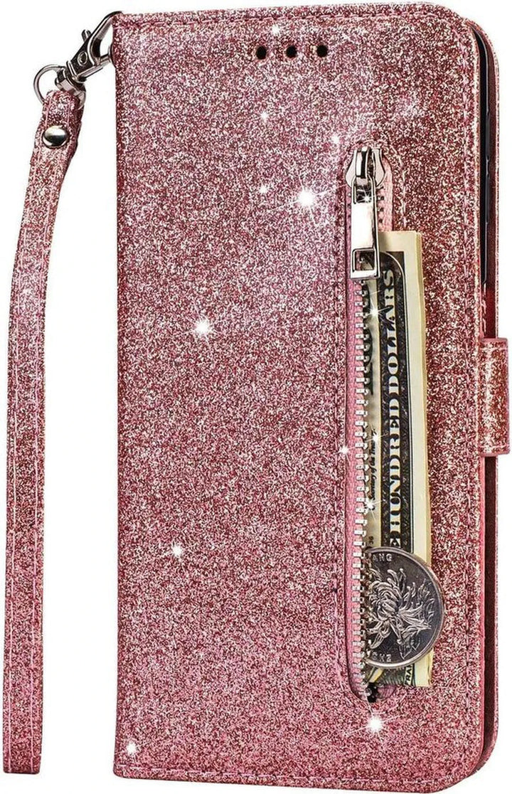 Oppo A52/A72/A92 Hoesjes – Glitter Portemonnee Bookcase – Rits & Koord – Pasjeshouder – Roségoud-Ilumina Benelux