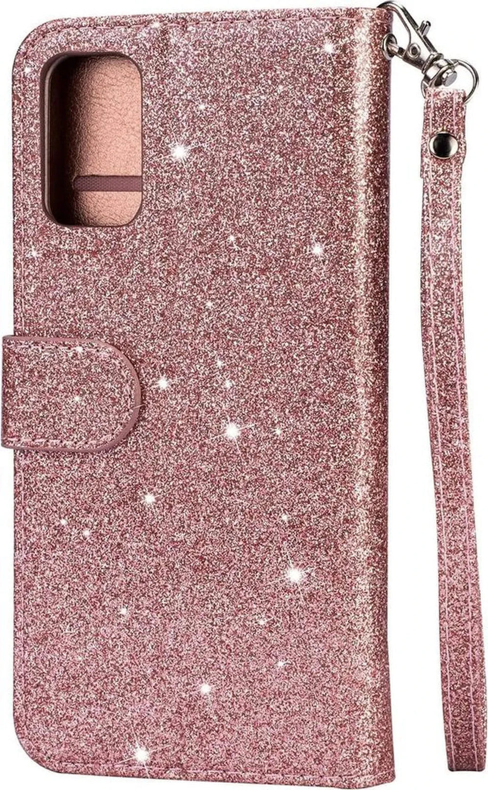 Oppo A52/A72/A92 Hoesjes – Glitter Portemonnee Bookcase – Rits & Koord – Pasjeshouder – Roségoud-Ilumina Benelux