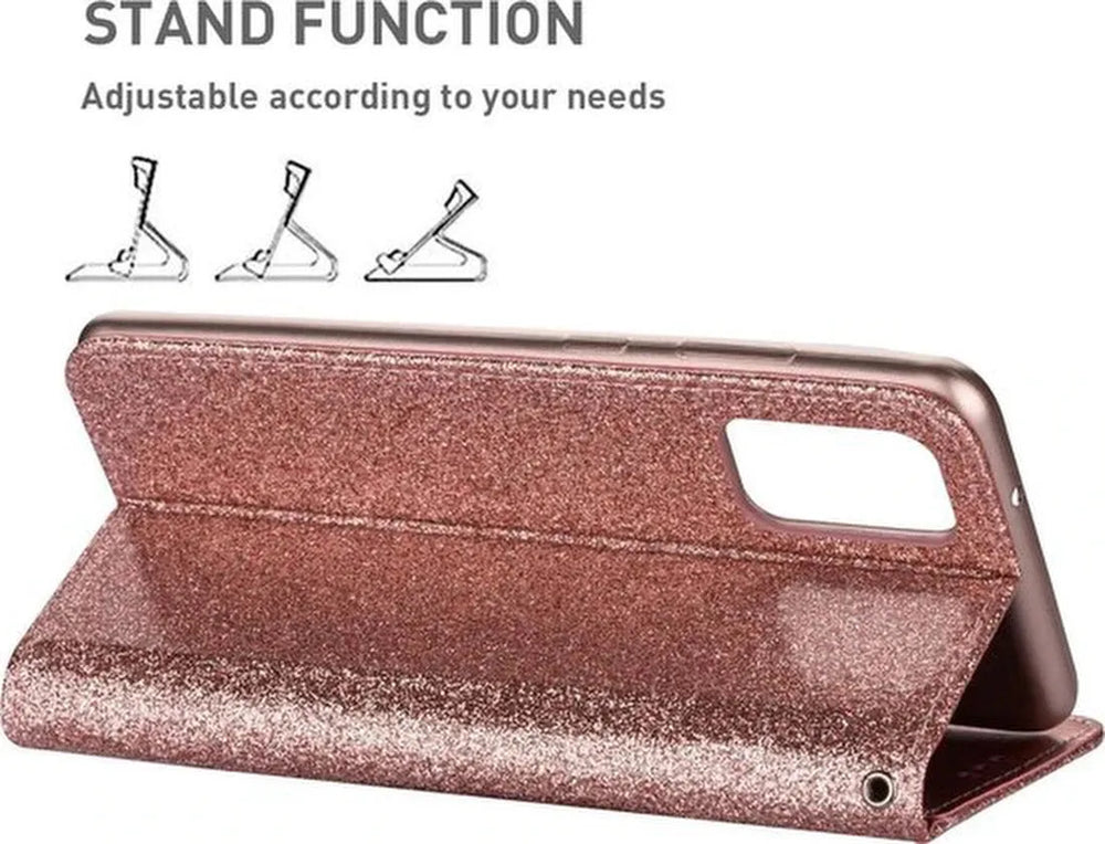 Oppo A52/A72/A92 Hoesjes – Glitter Portemonnee Bookcase – Rits & Koord – Pasjeshouder – Roségoud-Ilumina Benelux