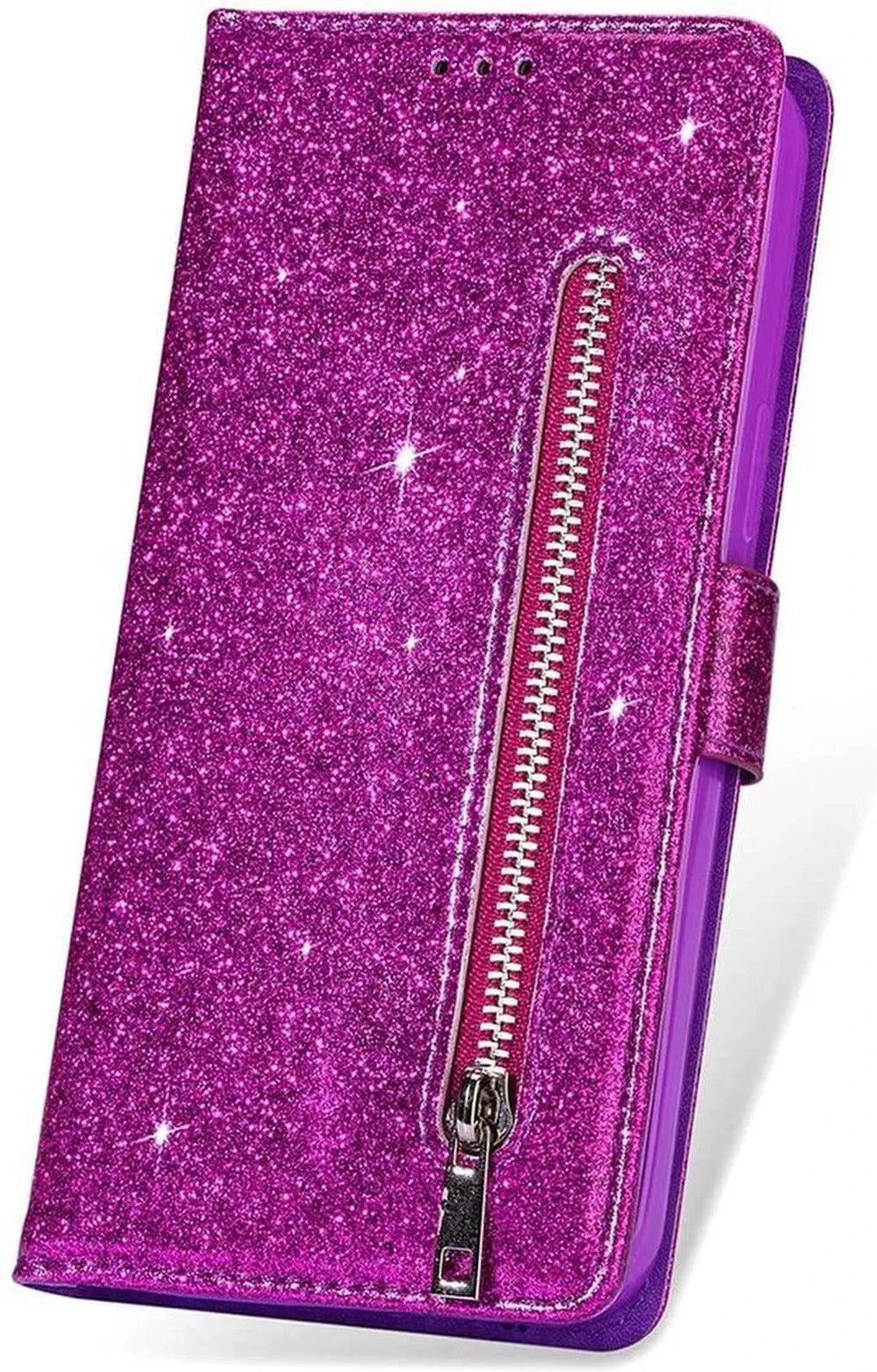 Oppo A15 Hoesjes – Glitter Portemonnee Case – Rits – Koord – Pasjeshouder – Paars-Ilumina Benelux