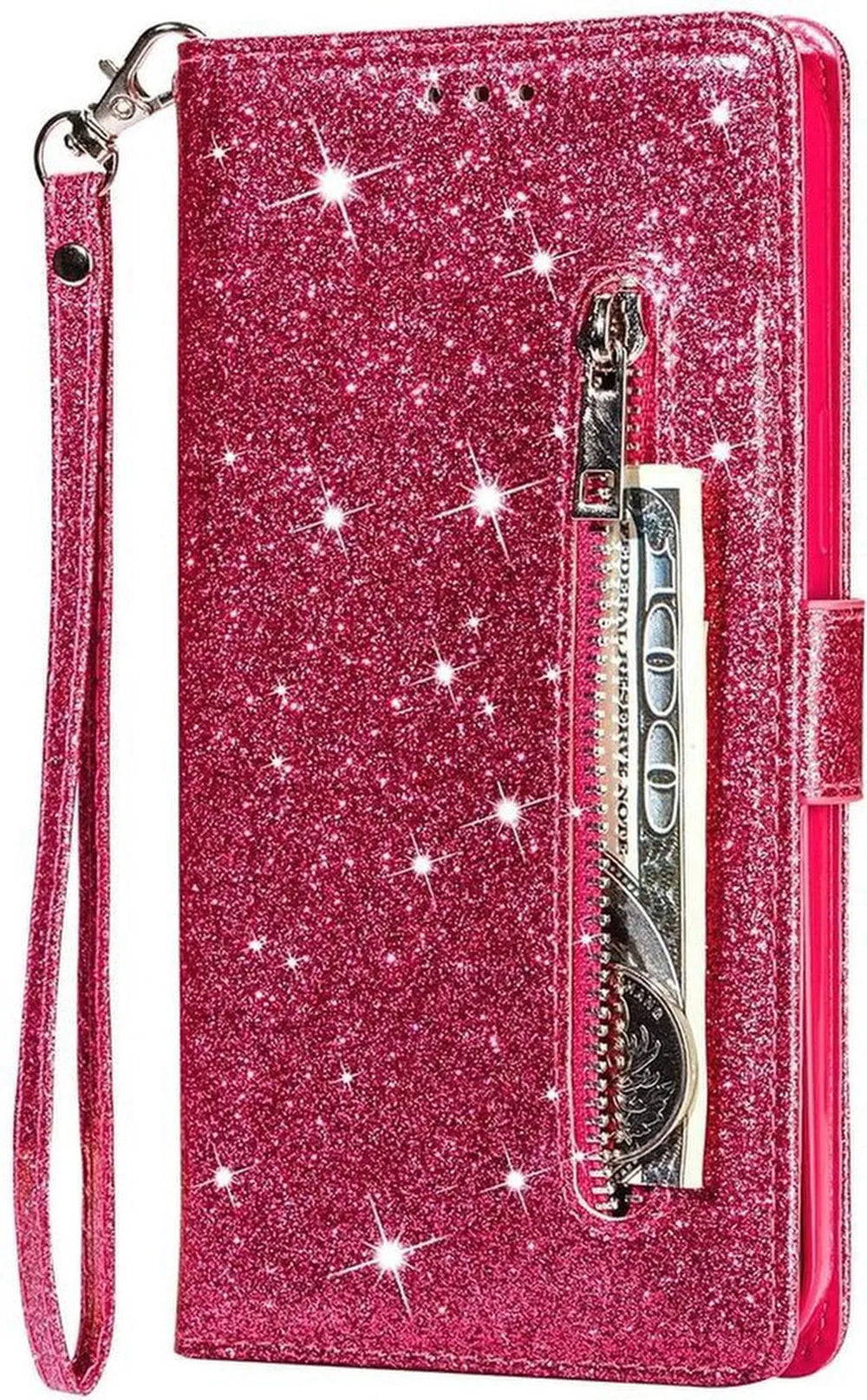 Oppo A15 Hoesjes – Glitter Portemonnee Case – Rits & Koord – Pasjeshouder – Roze-Ilumina Benelux