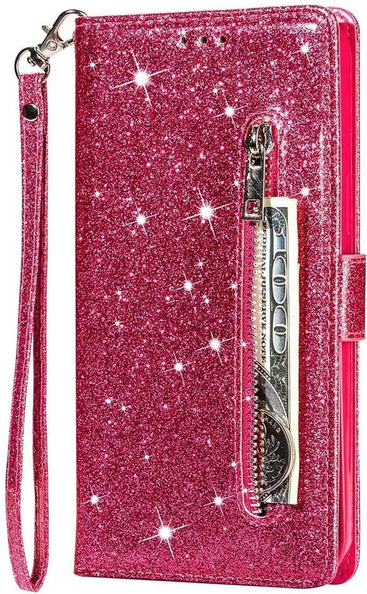 Oppo A15 Hoesjes – Glitter Portemonnee Case – Rits & Koord – Pasjeshouder – Roze-Ilumina Benelux