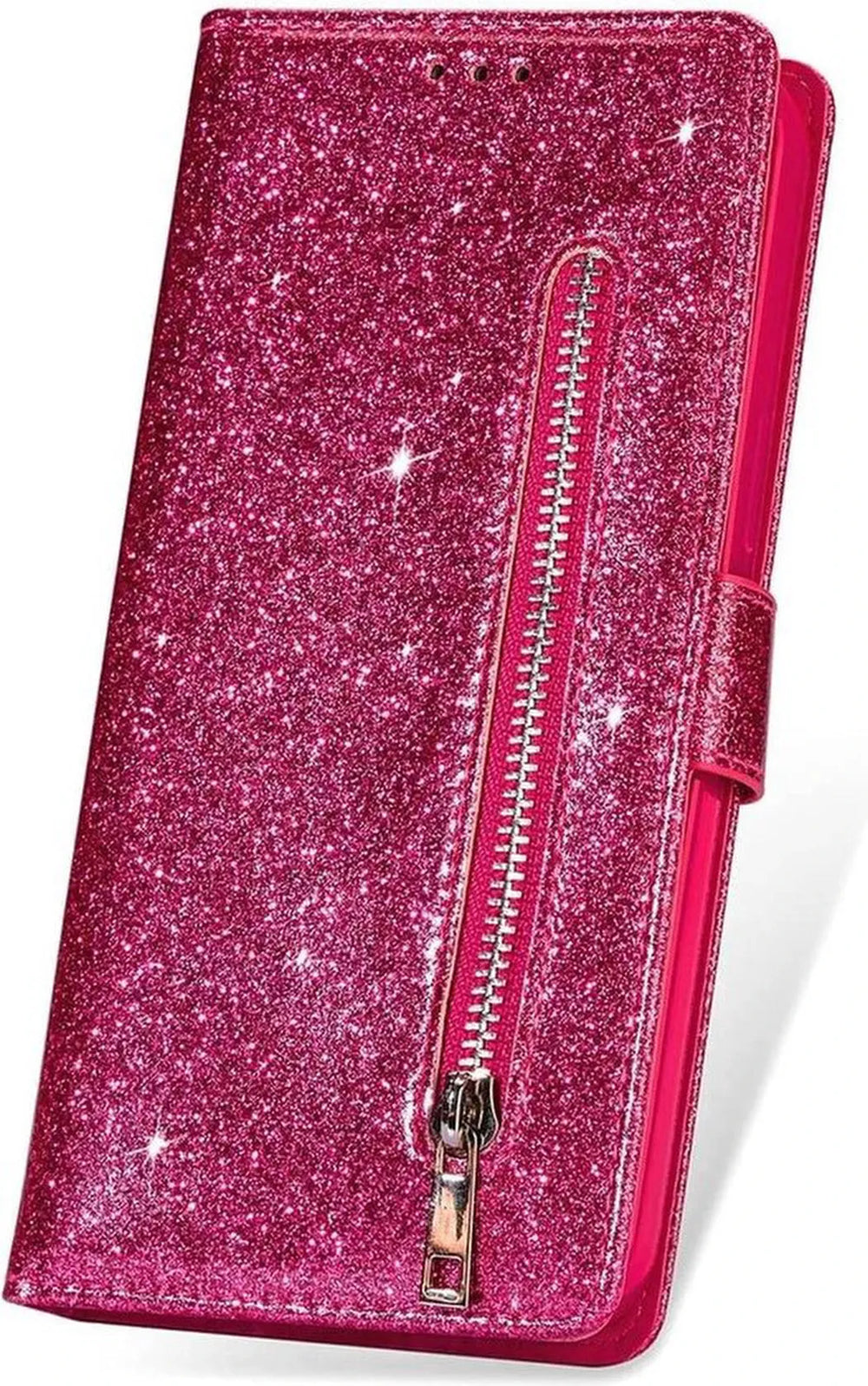 Oppo A15 Hoesjes – Glitter Portemonnee Case – Rits & Koord – Pasjeshouder – Roze-Ilumina Benelux