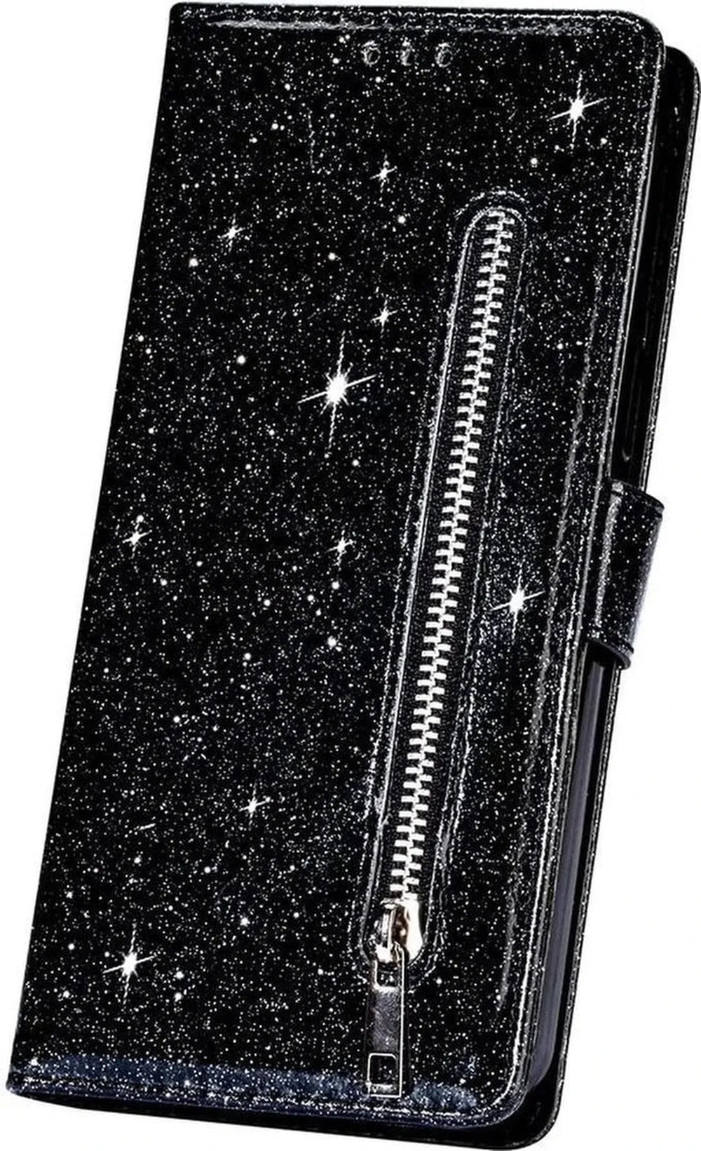 Oppo A73 Hoesjes – Glitter Portemonnee Hoes – Rits – Koord & Pasjeshouder – Zwart-Ilumina Benelux