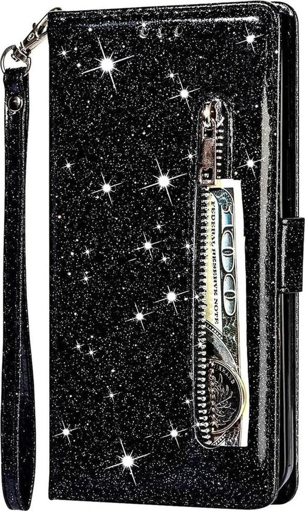 Oppo A73 Hoesjes – Glitter Portemonnee Hoes – Rits – Koord & Pasjeshouder – Zwart-Ilumina Benelux