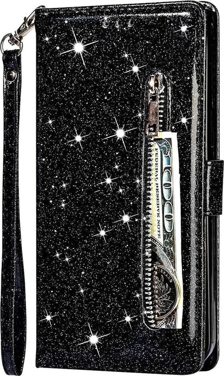 Oppo A73 Hoesjes – Glitter Portemonnee Hoes – Rits – Koord & Pasjeshouder – Zwart-Ilumina Benelux