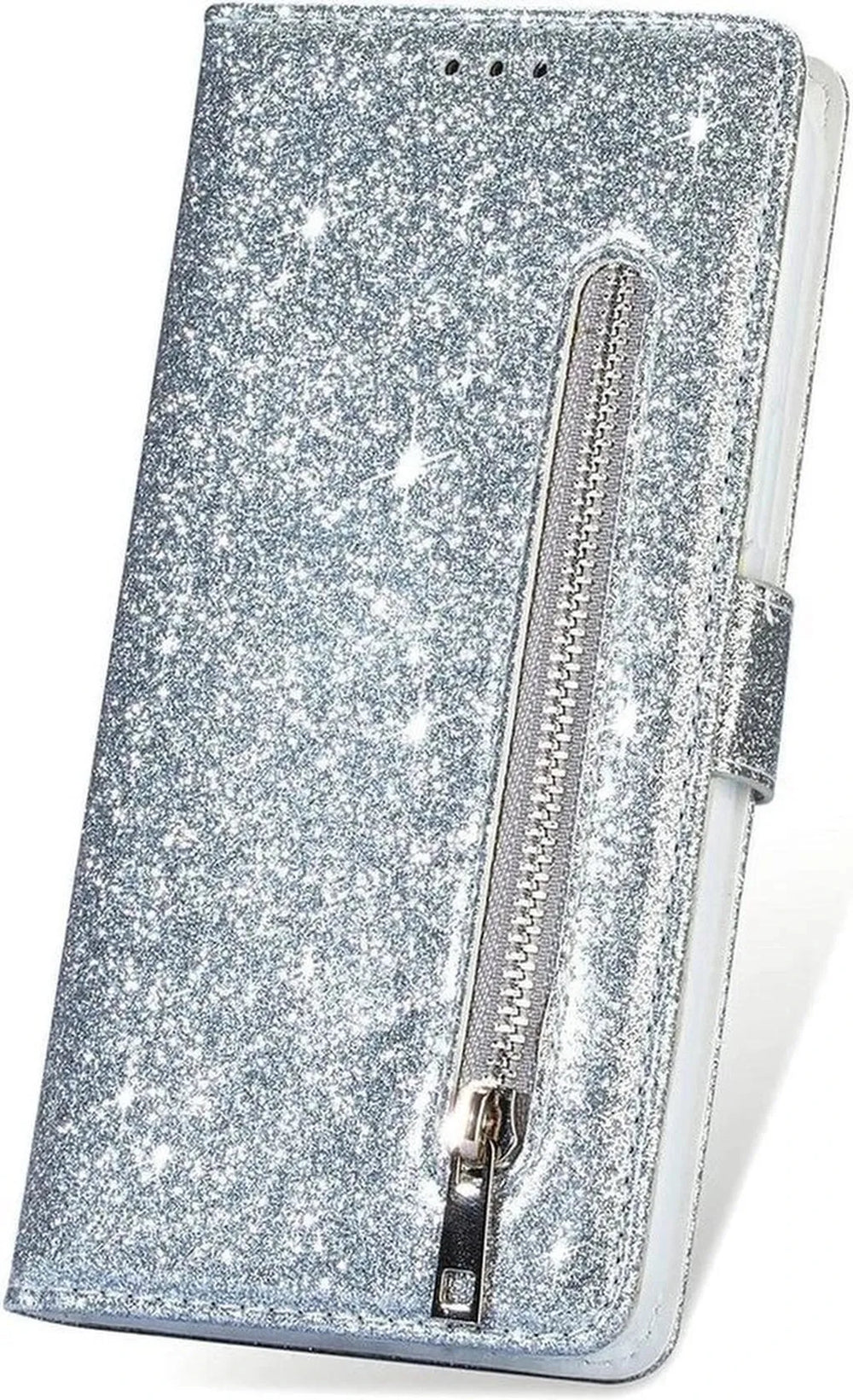 Oppo A73 Hoesjes – Glitter Portemonnee Hoes – Rits & Koord – Pasjeshouder – Zilver-Ilumina Benelux