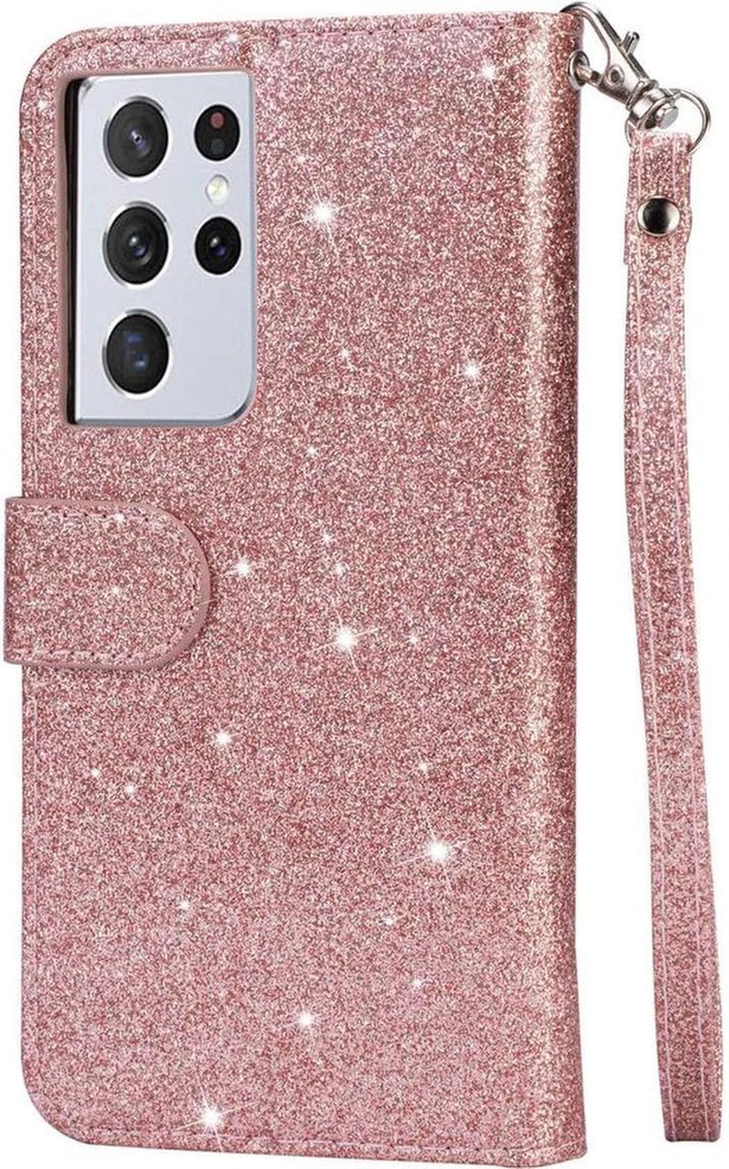 Glitter Wallet Case Geschikt voor: Samsung Galaxy A52 (4G & 5G) / A52s Hoesje met Rits, Koord en Pasjeshouder - Roségoud