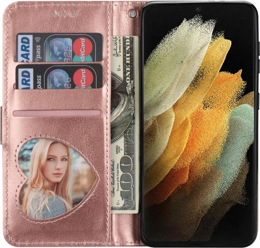 Glitter Wallet Case Geschikt voor: Samsung Galaxy A52 (4G & 5G) / A52s Hoesje met Rits, Koord en Pasjeshouder - Roségoud