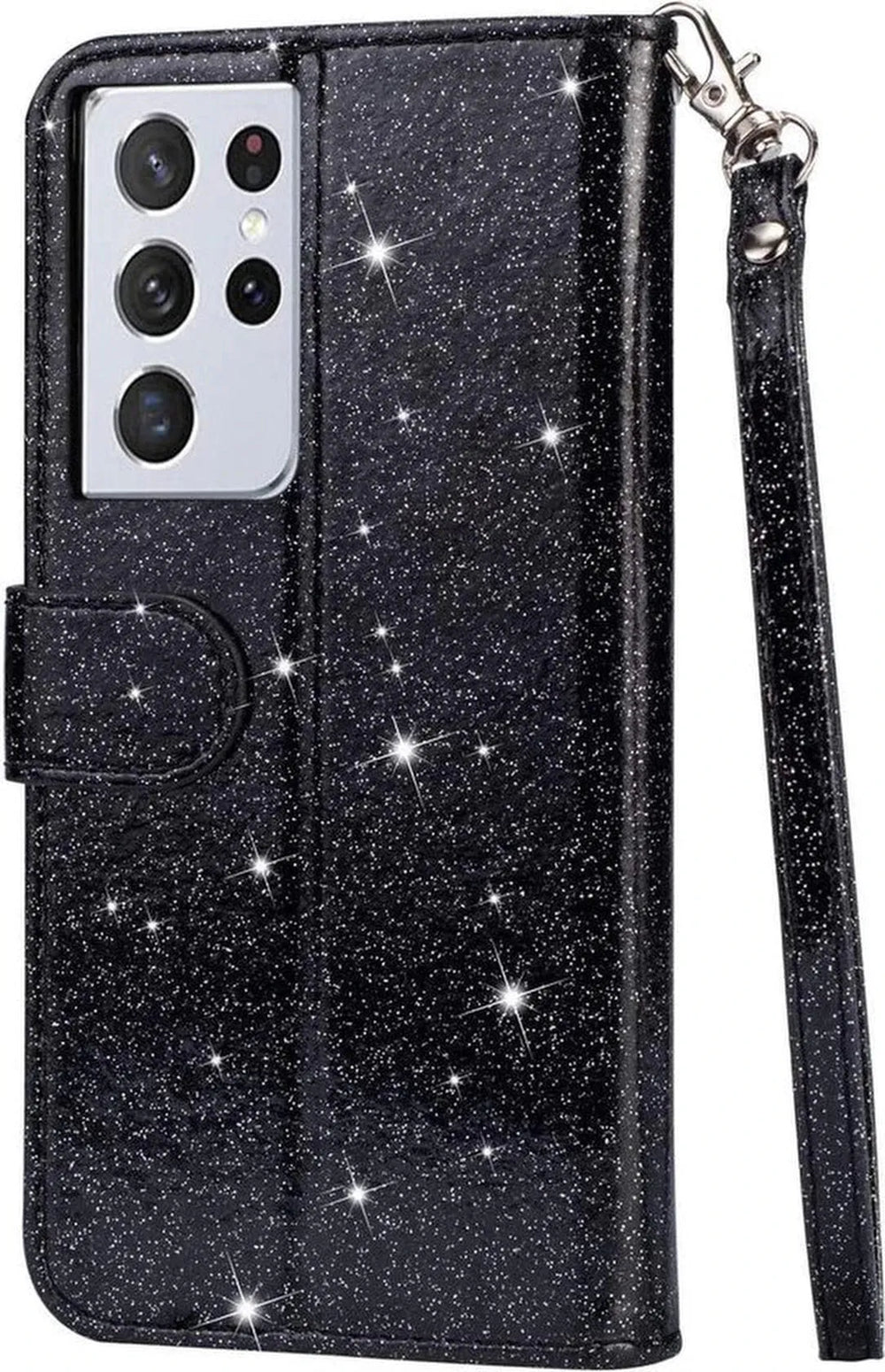 Samsung Galaxy A72 5G Hoesjes – Glitter Portemonnee Case met Rits – Koord – Pasjeshouder – Zwart-Ilumina Benelux