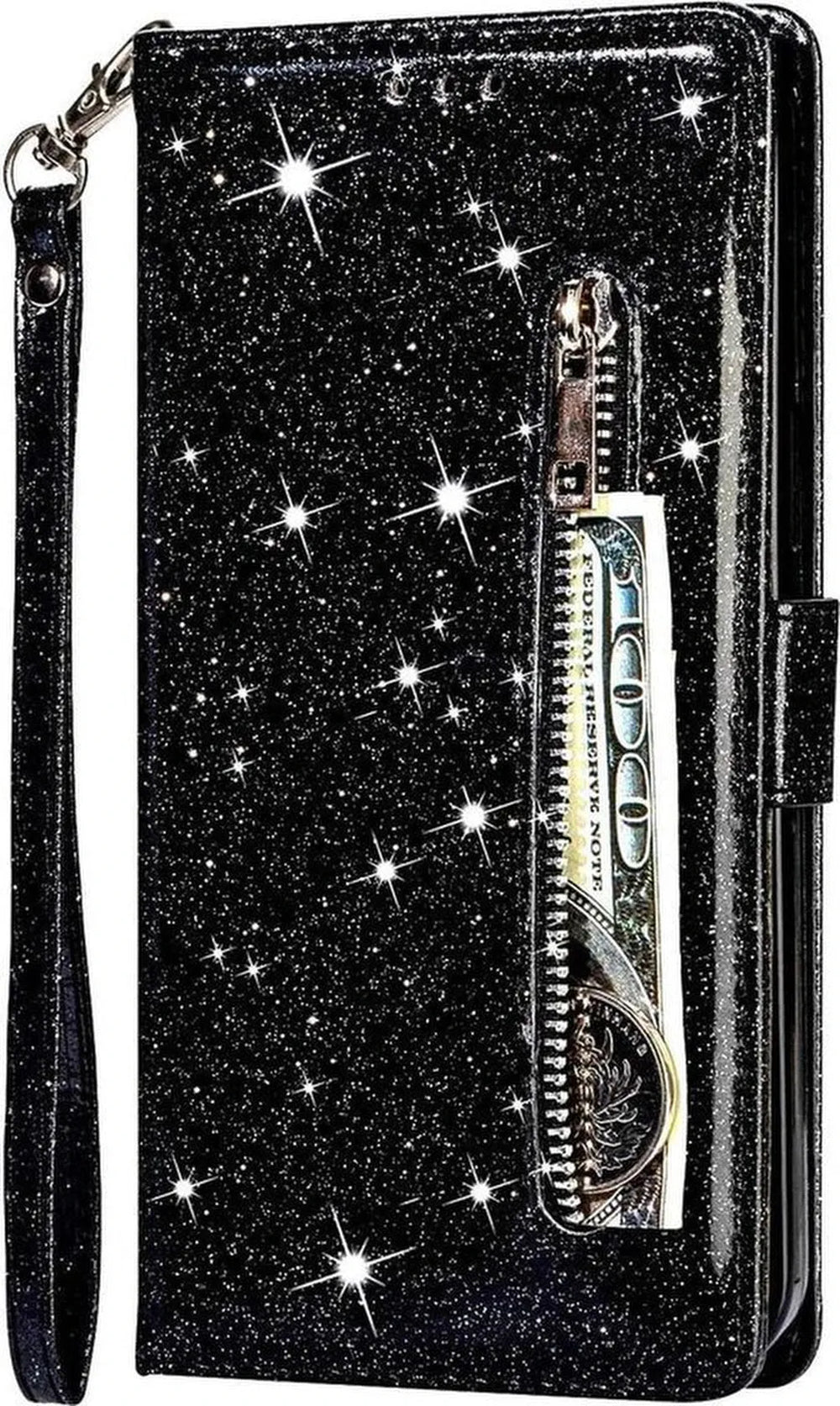Samsung Galaxy A72 5G Hoesjes – Glitter Portemonnee Case met Rits – Koord – Pasjeshouder – Zwart-Ilumina Benelux