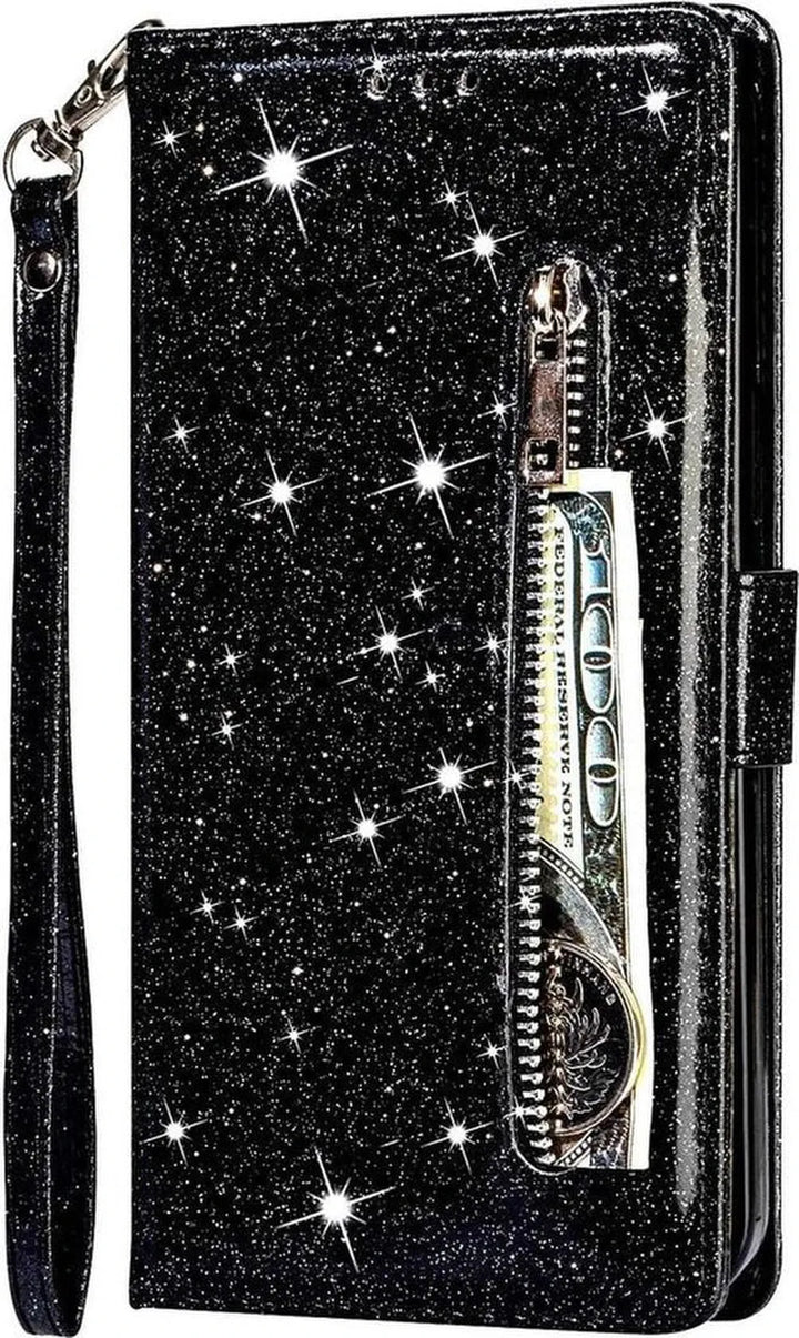Samsung Galaxy A72 5G Hoesjes – Glitter Portemonnee Case met Rits – Koord – Pasjeshouder – Zwart-Ilumina Benelux