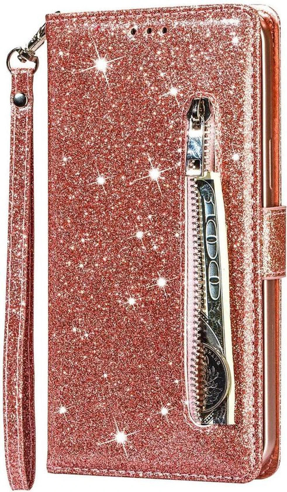 Samsung Galaxy A72 5G Hoesjes – Glitter Portemonnee Case met Rits – Koord – Pasjeshouder – Roségoud