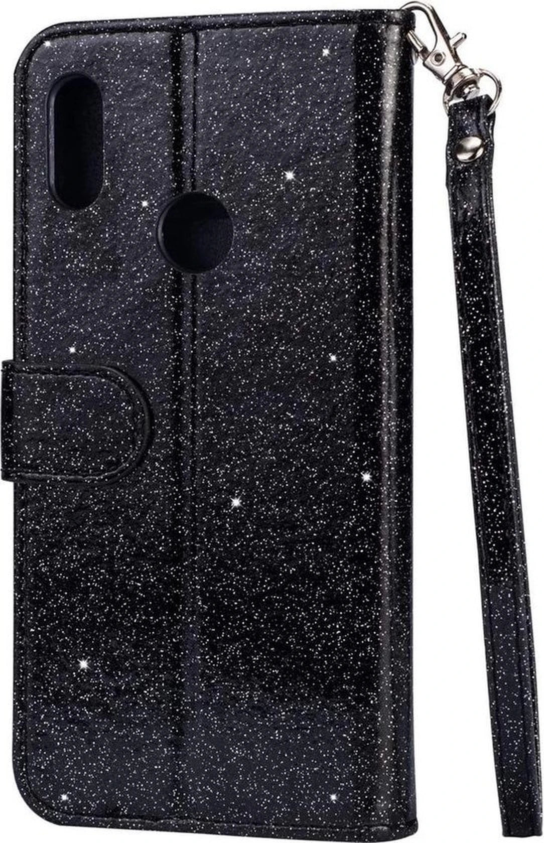 Glitter Wallet Case Geschikt voor: Samsung Galaxy A10s Hoesje met Rits, Koord en Pasjeshouder - Zwart