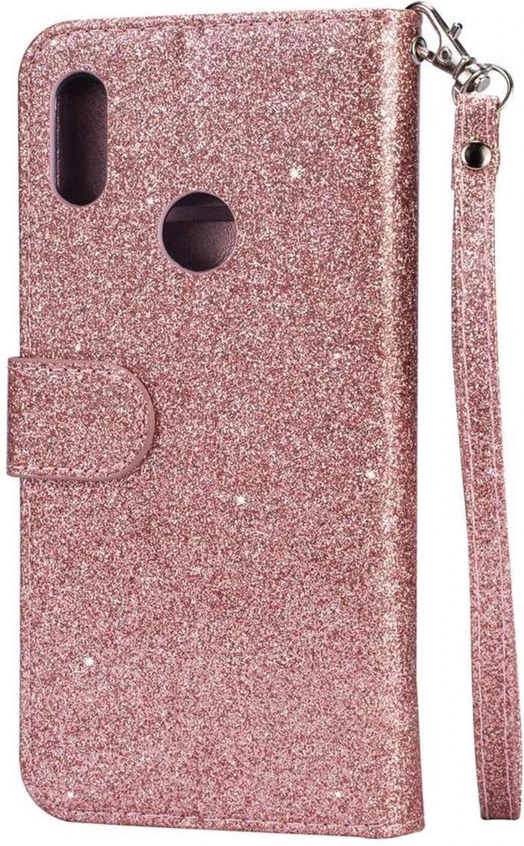Glitter Wallet Case Geschikt voor: Samsung Galaxy A10s Hoesje met Rits, Koord en Pasjeshouder - Roségoud
