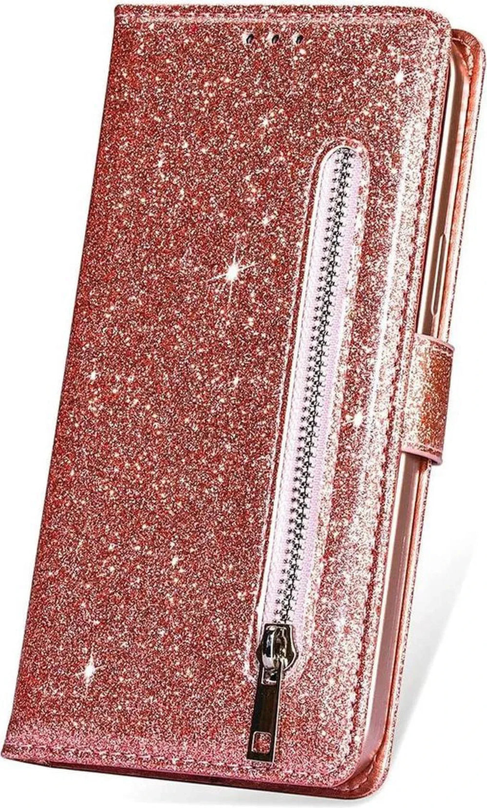 Samsung Galaxy A12 Hoesjes – Glitter Portemonnee Case – Rits – Koord – Pasjeshouder – Roségoud-Ilumina Benelux