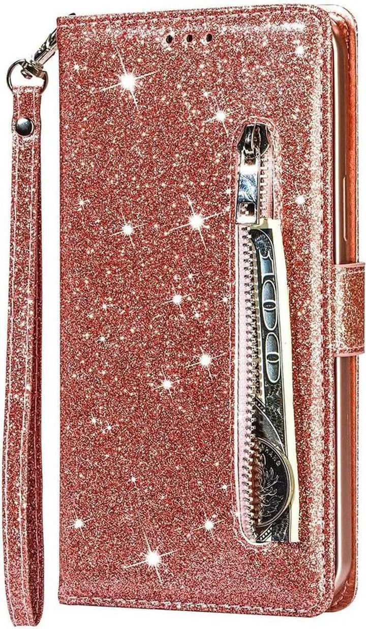 Samsung Galaxy A12 Hoesjes – Glitter Portemonnee Case – Rits – Koord – Pasjeshouder – Roségoud-Ilumina Benelux