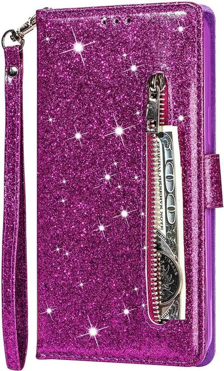 Samsung Galaxy A12 Hoesjes – Glitter Portemonnee Case – Rits & Koord – Pasjeshouder – Paars-Ilumina Benelux