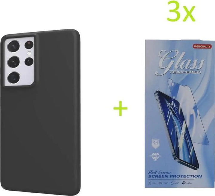 Samsung Galaxy S21 Ultra Hoesjes – Siliconen TPU Backcover – Inclusief 3x Screenprotector Gehard Glas – Zwart-Ilumina Benelux