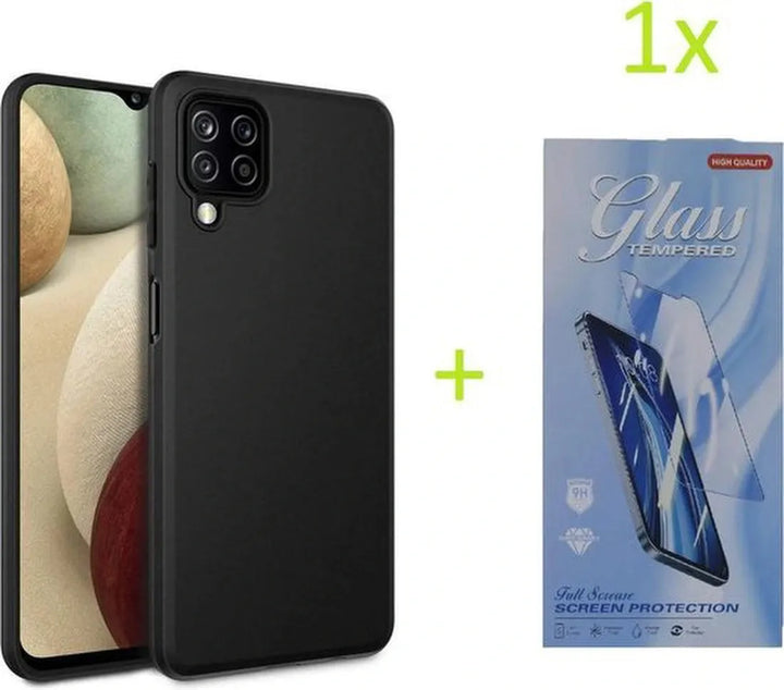 Samsung Galaxy A12 Hoesjes – TPU Siliconen Backcover – Soft Touch – Inclusief Gehard Glas Screenprotector – Zwart-Ilumina Benelux