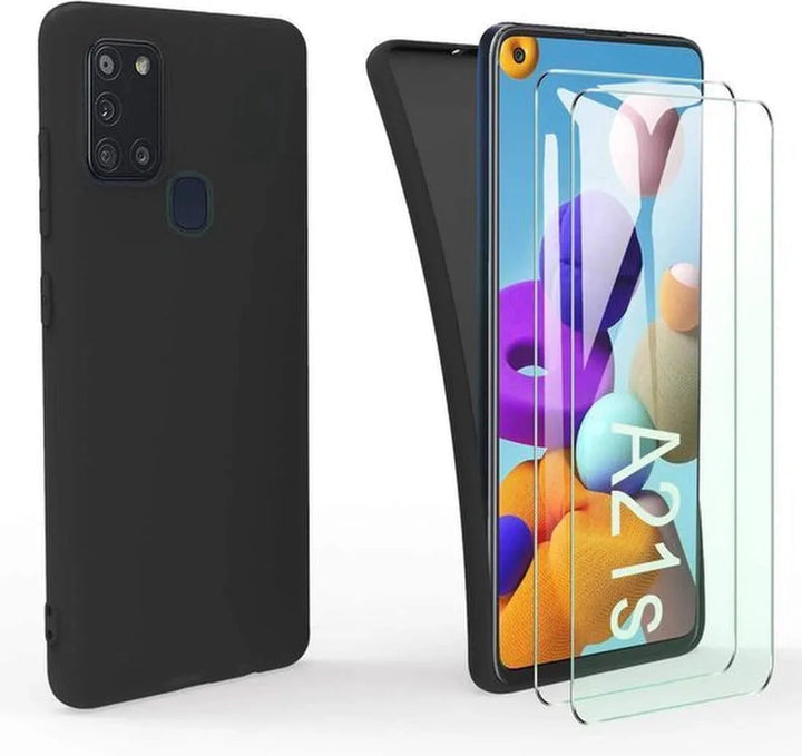 Samsung Galaxy A21S Hoesjes – TPU Siliconen Backcover – Soft Touch – Inclusief 2x Screenprotector Gehard Glas – Zwart-Ilumina Benelux