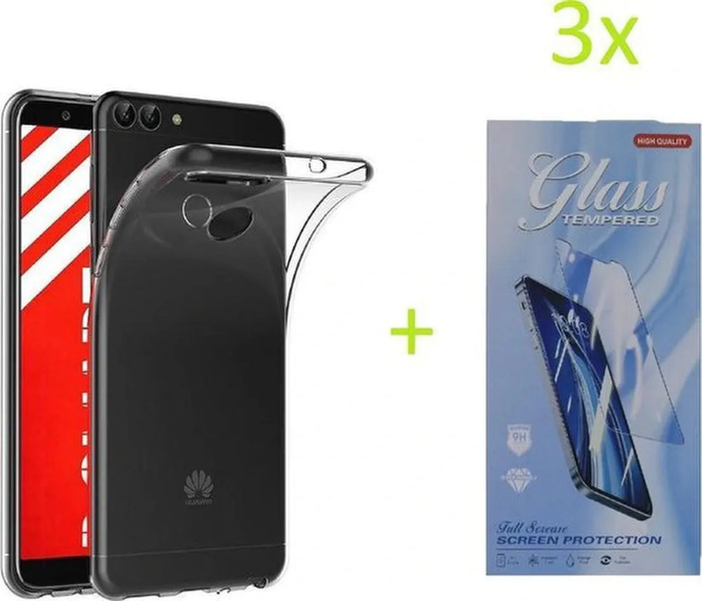 Huawei P Smart 2018 Hoesjes – Transparante TPU Siliconen Backcover – Soft Case – 3x Gehard Glas Screenprotector-Ilumina Benelux