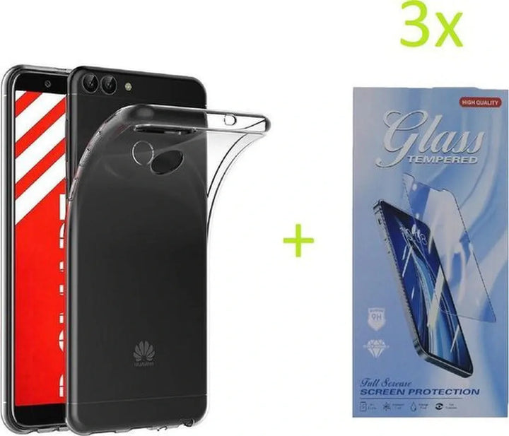 Huawei P Smart 2018 Hoesjes – Transparante TPU Siliconen Backcover – Soft Case – 3x Gehard Glas Screenprotector-Ilumina Benelux
