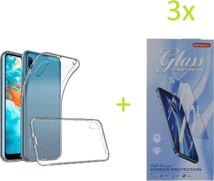 Huawei Y6 2019 Hoesjes – Transparante TPU Siliconen Backcover – Soft Case – 3x Screenprotector Gehard Glas-Ilumina Benelux