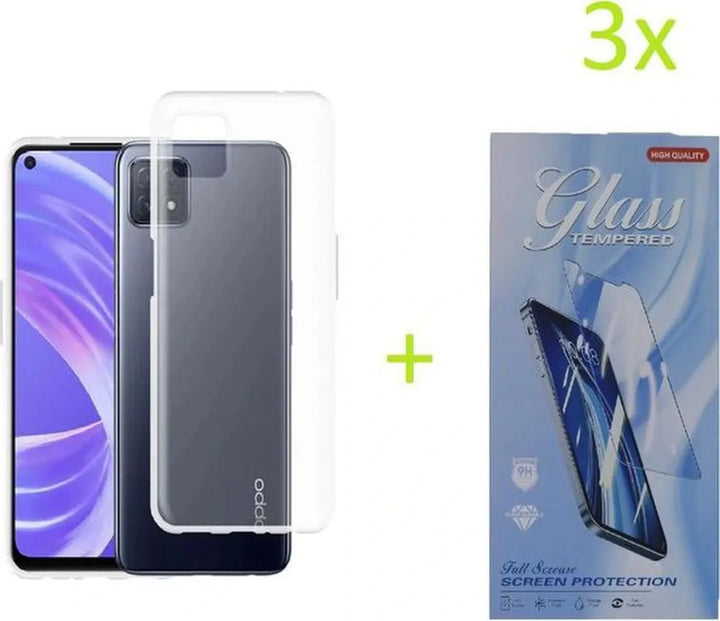 Oppo A73 Hoesjes – Transparante TPU Siliconen Backcover – Soft Case – 3x Screenprotector Gehard Glas-Ilumina Benelux