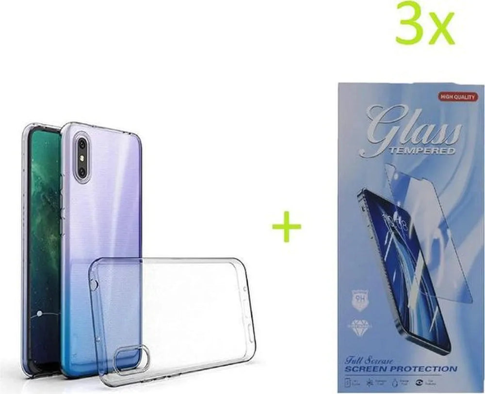 Xiaomi Redmi 9A/9AT Hoesjes – Transparante TPU Siliconen Backcover – Soft Case – 3x Gehard Glas Screenprotector-Ilumina Benelux